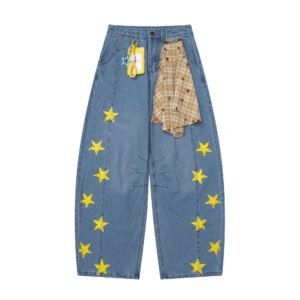 Star Print Plaid Splicing Denim High Waist Loose Tapered Pants