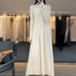 Women's Apricot Knit Long Sleeve Semi-Turtleneck Knee-Length Sweater Dress - Image 5