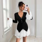 Elegant Color Block Long Sleeve Pleated Ruffle Trim Mini Dress - Image 2
