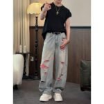 Casual Vintage Street Style Washed Denim Pants for Men, Loose Fit, Fashionable and Versatile Straight Leg Jeans - Image 3