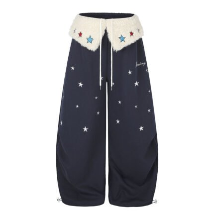 Star Embroidered Wide-Leg Sweatpants with Drawstring Waist and Cuffable Hem