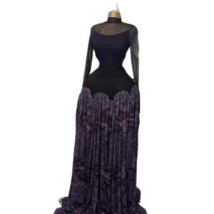 Printed Long Sleeve Splicing Mesh Lining Long Dress