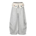 Star Embroidered Wide-Leg Sweatpants with Drawstring Waist and Cuffable Hem - Image 2