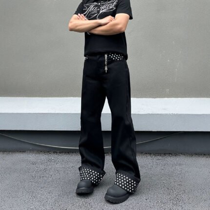 Fashion Cuffed Polka Dot Black Straight Leg Jeans Men's Light Asian Style Loose Slimming Clean Fit Pants
