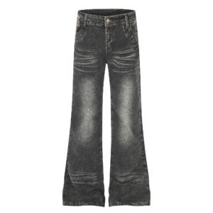 High Waist Denim Flare Jeans with Leopard Patchwork