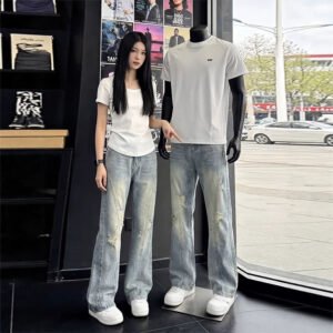 Men's Stylish Washed Vintage Casual Fashion Jeans, Cool and Versatile Blue Streetwear Wide-leg Pants, Export Foreign Trade