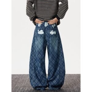 Retro Washed Plaid Denim Pants Men Street Style Loose Knife-Edge Long Pants