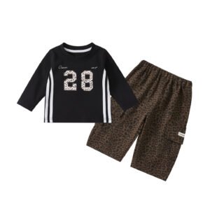 Number Print Top, Boy's Fashion Leopard Print Loose Wide Leg Pants Two-Piece Set