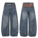 Streetwear Color-Block Plaid Patchwork High Waist Wide Leg Denim Jeans - Image 2