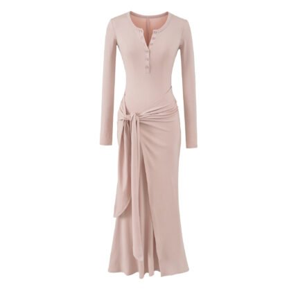 Long Sleeve V-Neck Shawl Button Slim Fit Waist-Cinching Women's Knit Long Dress