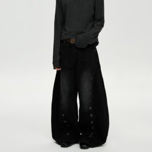 Retro Knife-Edge Washed Distressed Denim Pants Men Cleanfit Silhouette Loose Straight Leg Wide Leg Long Trousers Trendy