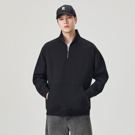 Men's Black Casual Long Sleeve Half Zip Polo Collar Sweatshirt