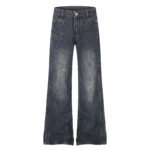 High Street Distressed Washed Denim Micro Flare Jeans with Multi-Zipper Detail