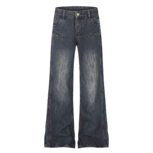 High Street Distressed Washed Denim Micro Flare Jeans with Multi-Zipper Detail