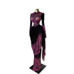Printed Long Sleeve Ruched Tie Ribbon Maxi Dress