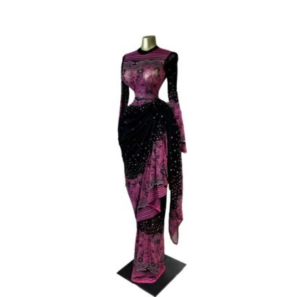 Printed Long Sleeve Ruched Tie Ribbon Maxi Dress