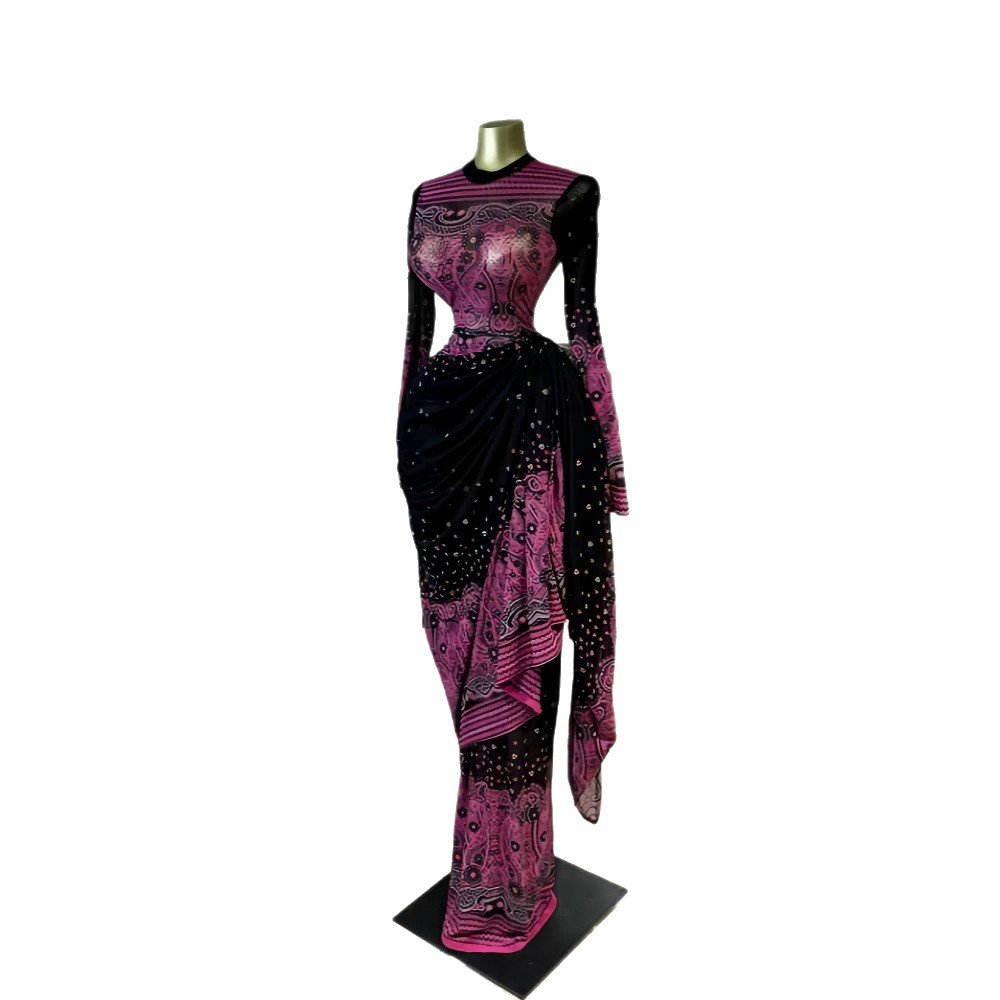 596940945 Printed Long Sleeve Ruched Tie Ribbon Maxi Dress - Image 1