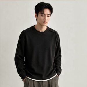 Men's Heavyweight Old Money Style Crew Neck Sheep Wool Faux Two-Piece Loose Fit Casual Sweatshirt