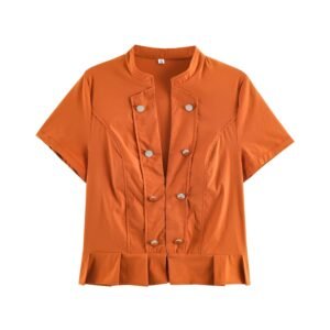 Slim button decoration short sleeved stand up collar shirt for women
