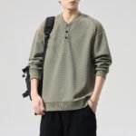 Men's  Vintage Long Sleeve Henley Collar Loose Sweatshirt - Image 2
