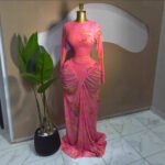 Printed Long Sleeve Mesh Ruched Maxi Party Dress - Image 2