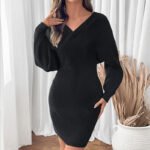 Batwing Sleeve V-Neck Waist-Cinching Bodycon Sweater Dress - Image 6