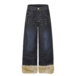 Wide Leg High Waist Washed Distressed Denim Jeans with Rivets and Frayed Hems for Women - Image 2