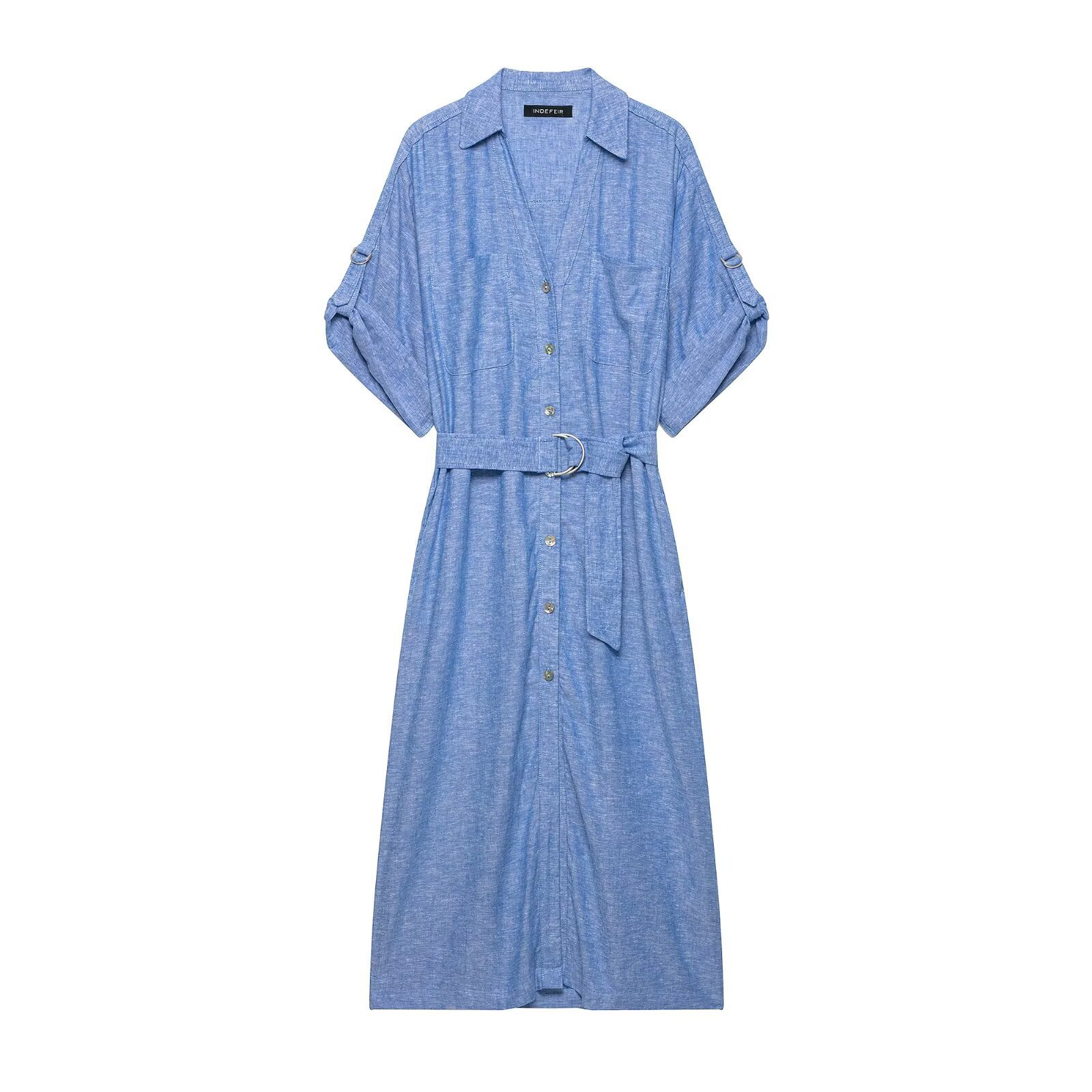 596940810 Women's Short sleeved Dress with Linen Blended Belt - Image 1