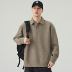 Men's Heavyweight Polo Collar Sweatshirt - Minimalist Pullover Top, Loose Fit - Image 3