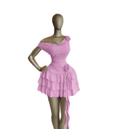 Sleeveless 3D Floral Tiered Pink Mini Dress
