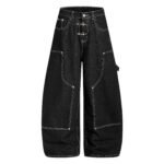 Deconstructed Cargo Denim Jeans Unisex Contrast Stitching Wide Leg Loose Pants with Buckle Belt