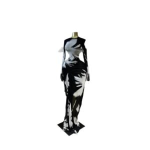 Printed Long Sleeve Ruched Mesh Lining Maxi Dress