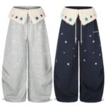 Star Embroidered Wide-Leg Sweatpants with Drawstring Waist and Cuffable Hem - Image 4