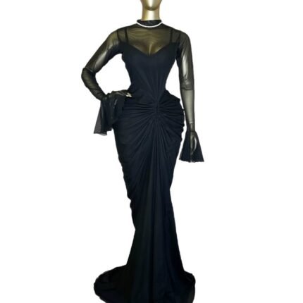Women's Long Sleeve Splicing Mesh Ruched Maxi Dress