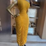 Printed Long Sleeve Sheer Mesh Ruched Maxi Evening Dress - Image 4