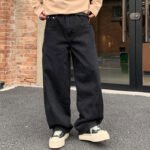Men's Black High Street Loose Straight Leg Curved Denim Jeans - Image 5